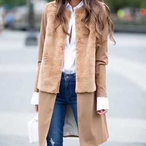 Treasure & Bond x Something Navy Camel Open Front Faux Fur Coat